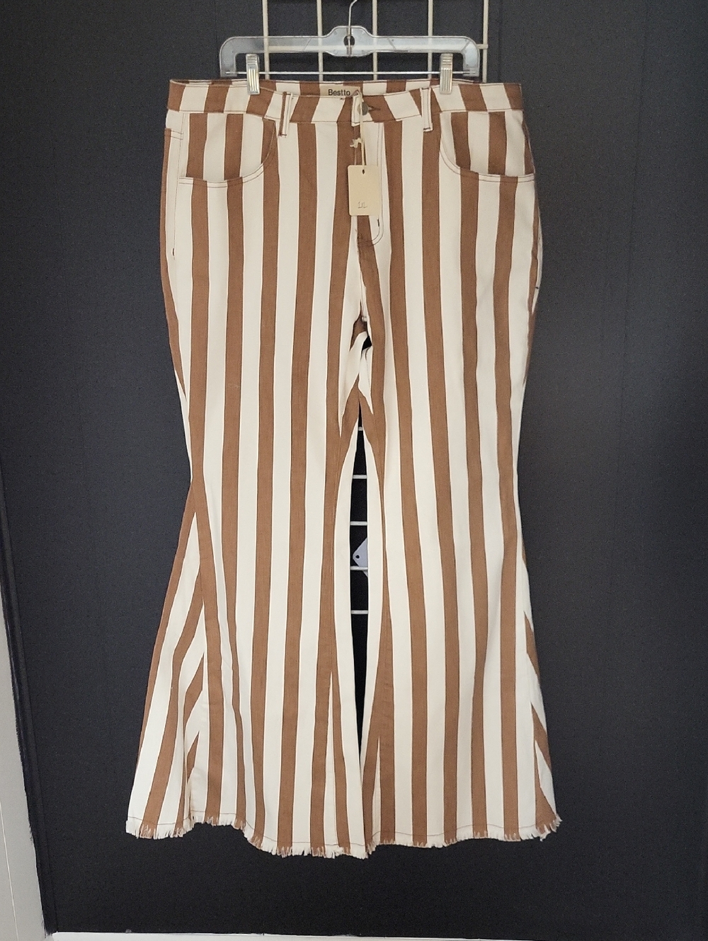 NWT, BESTTO Brown & Cream Striped Flare Jeans, 15 INCH FLATE, SIZE XL